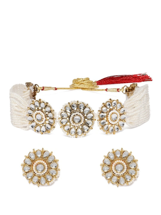 Women Gold-Plated Pearl Beaded Artificial Stone-Studded Jewellery Set