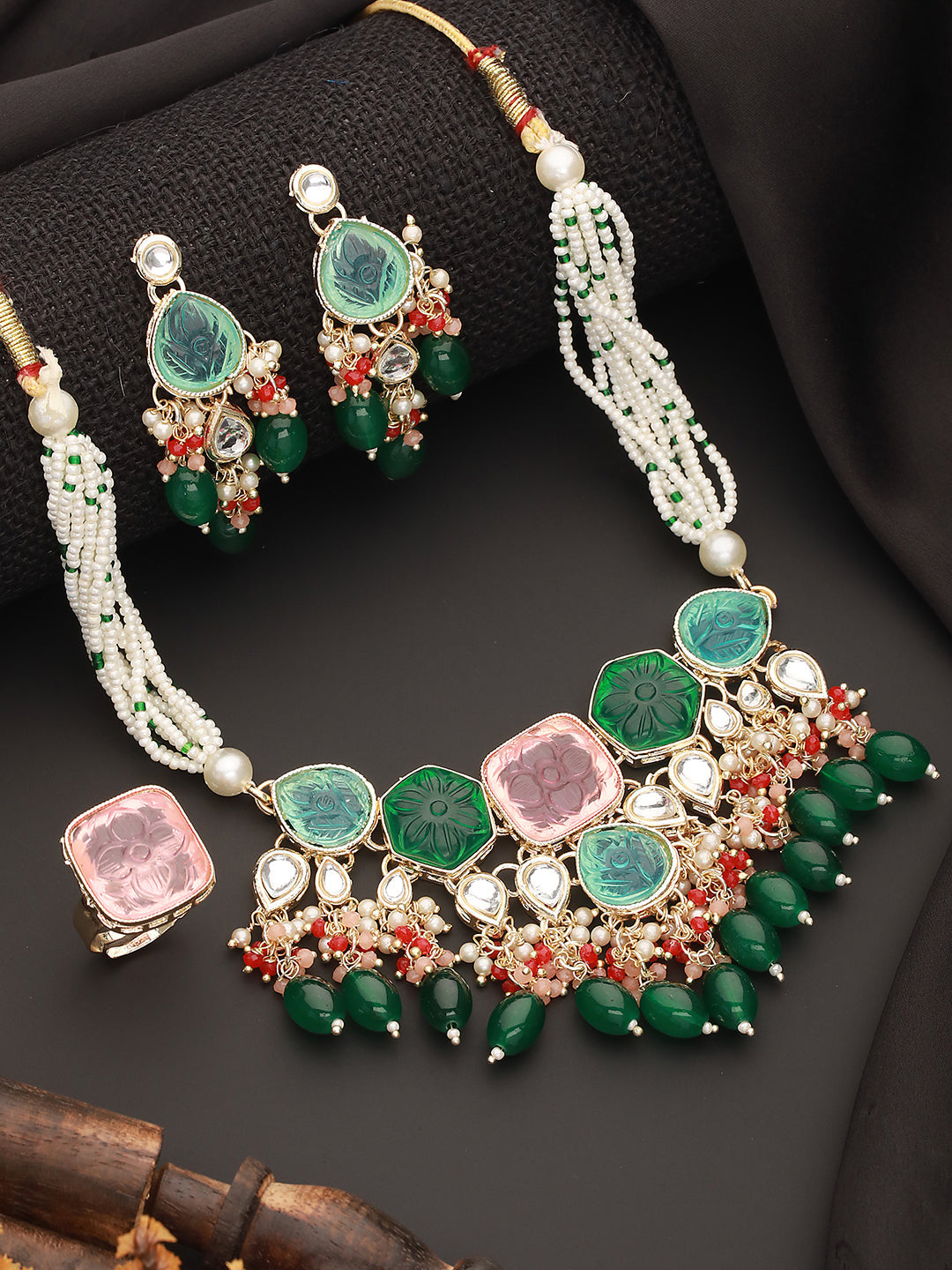 Jazz And Sizzle Gold-Plated Stone-Studded & Onyx Beaded Jewellery Set With Ring