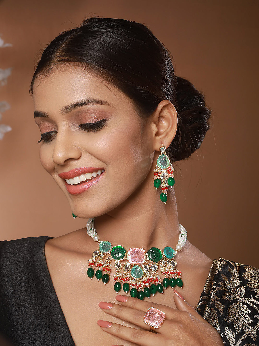 Jazz And Sizzle Gold-Plated Stone-Studded & Onyx Beaded Jewellery Set With Ring