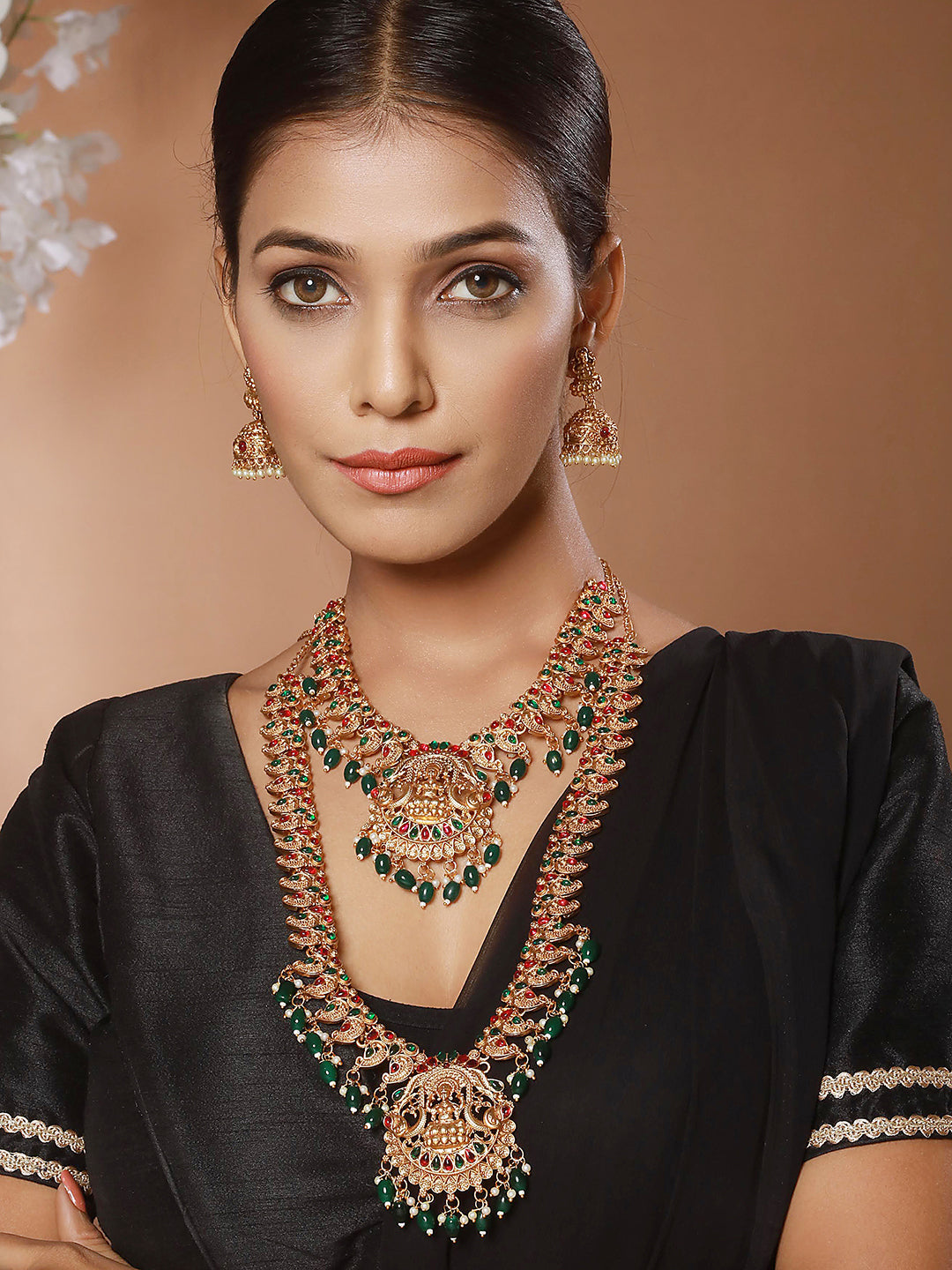 Set Of 2 Green Kemp Stone Studded & Beaded Gold-Plated Peacock Shaped Temple Choker Jewelry Set
