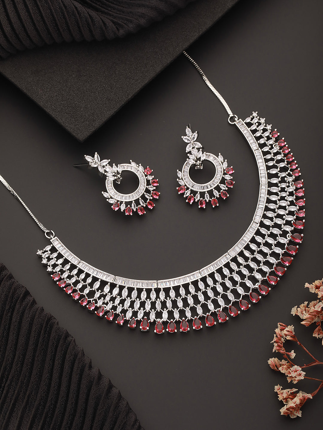 Silver Plated Red Ad & Cz-Studded Contemporary Jewelry Set