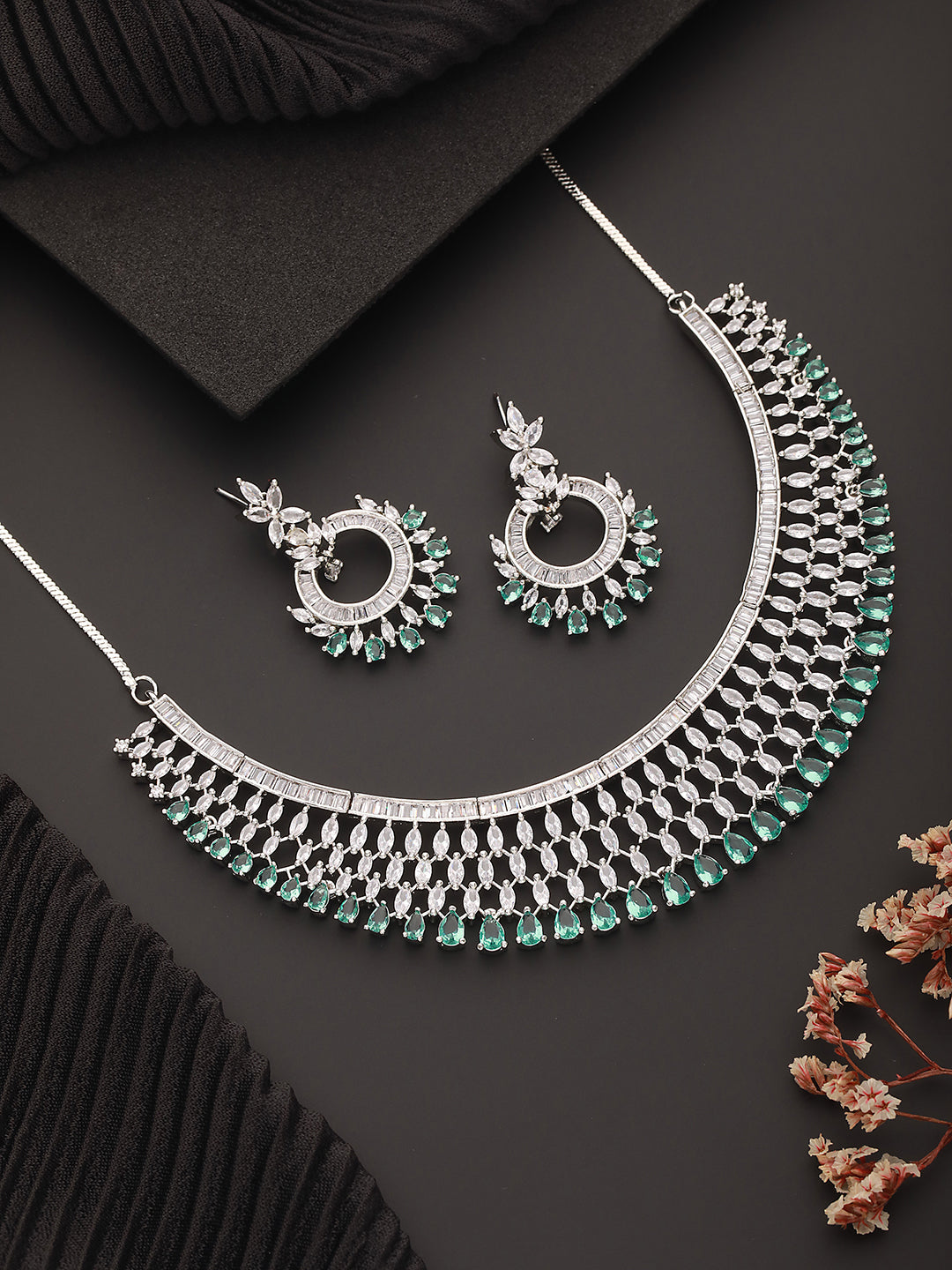 Silver Plated Green Ad & Cz-Studded Contemporary Jewelry Set