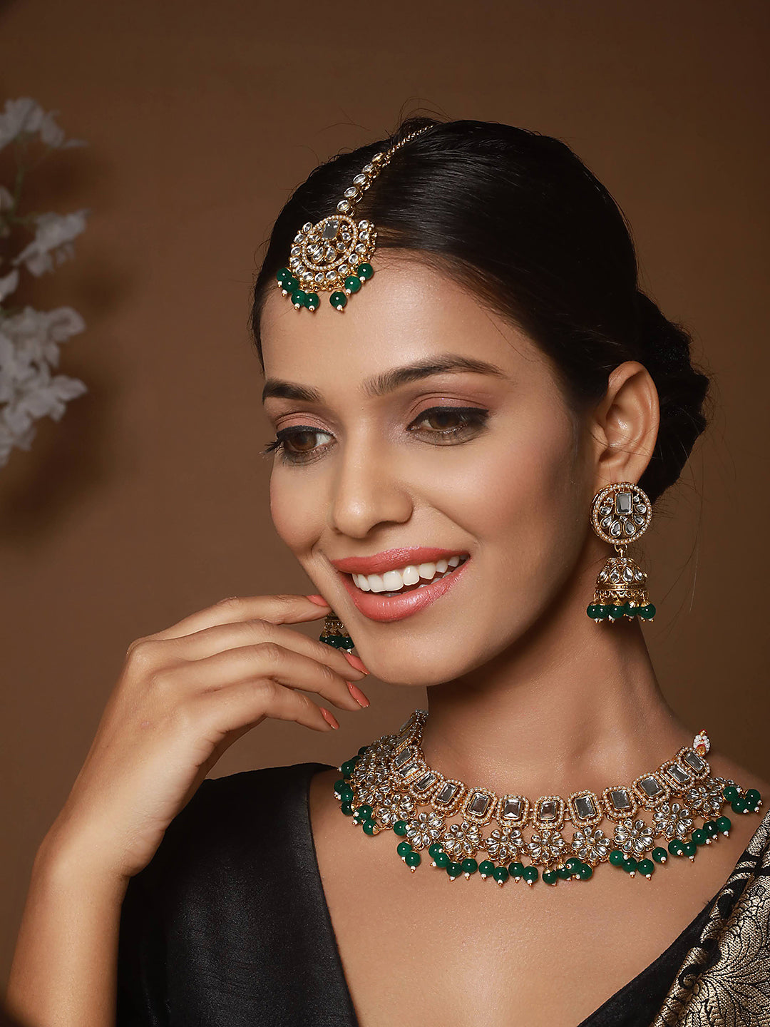 Gold Plated & Kundan Studded Green Jewelry Set With Maangtikka
