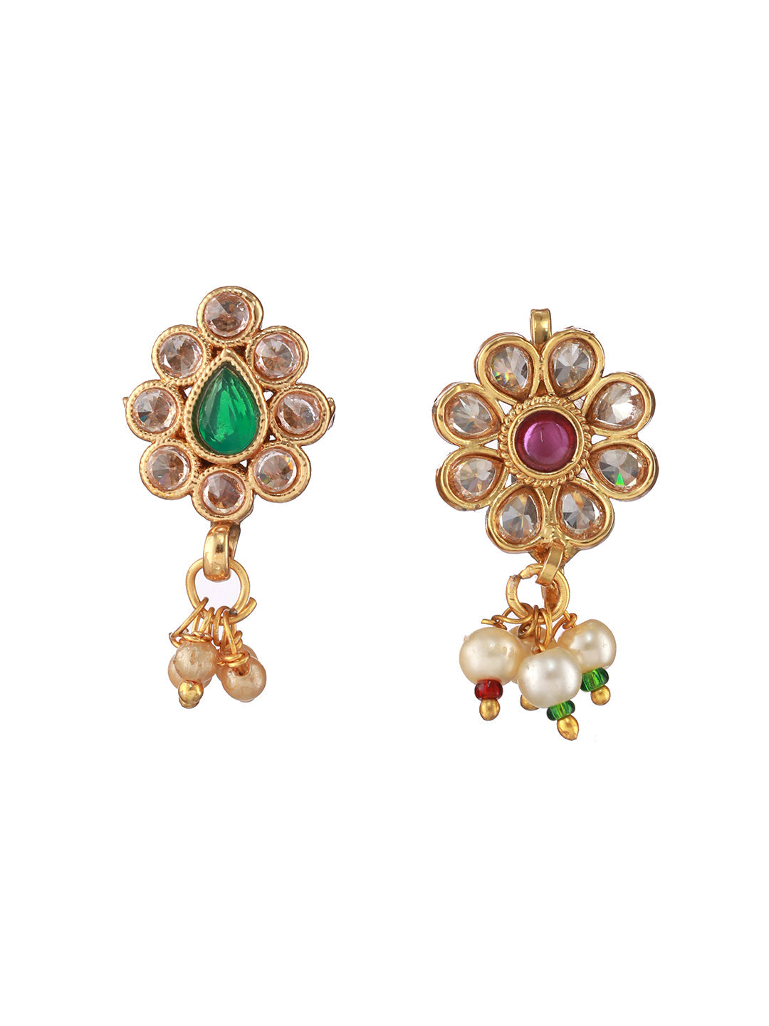 Gold-Plated Red & Green Kundan Studded Flower Nose Pin