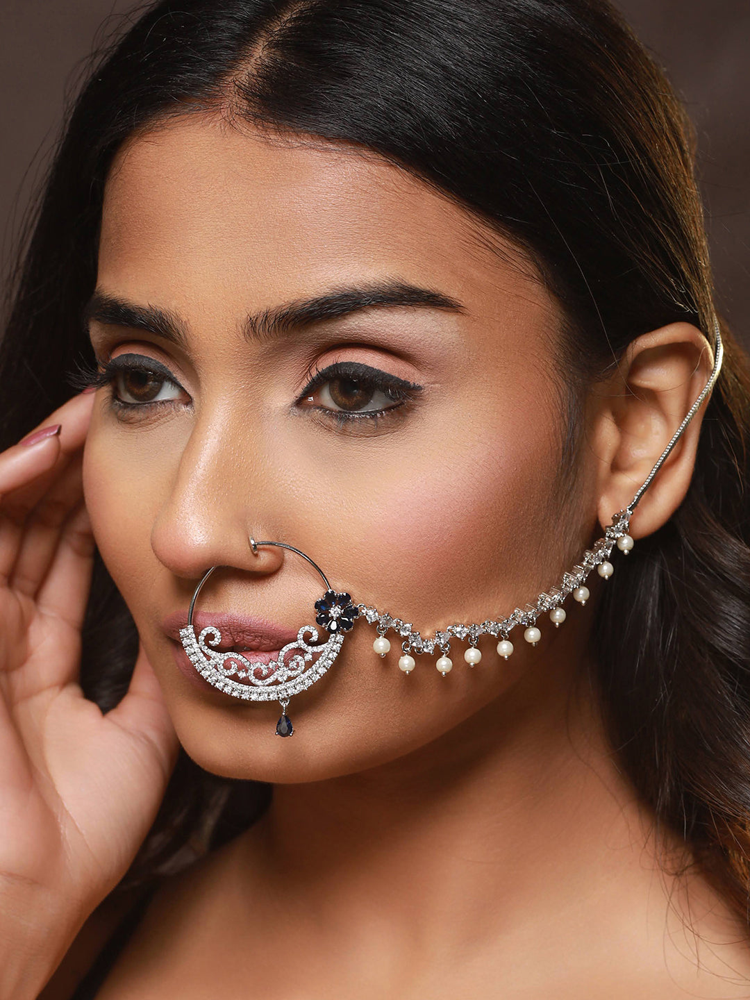 Silver Plated Blue Floral American Diamond Studded Handcrafted Nose Ring With Pearl Drop Chain