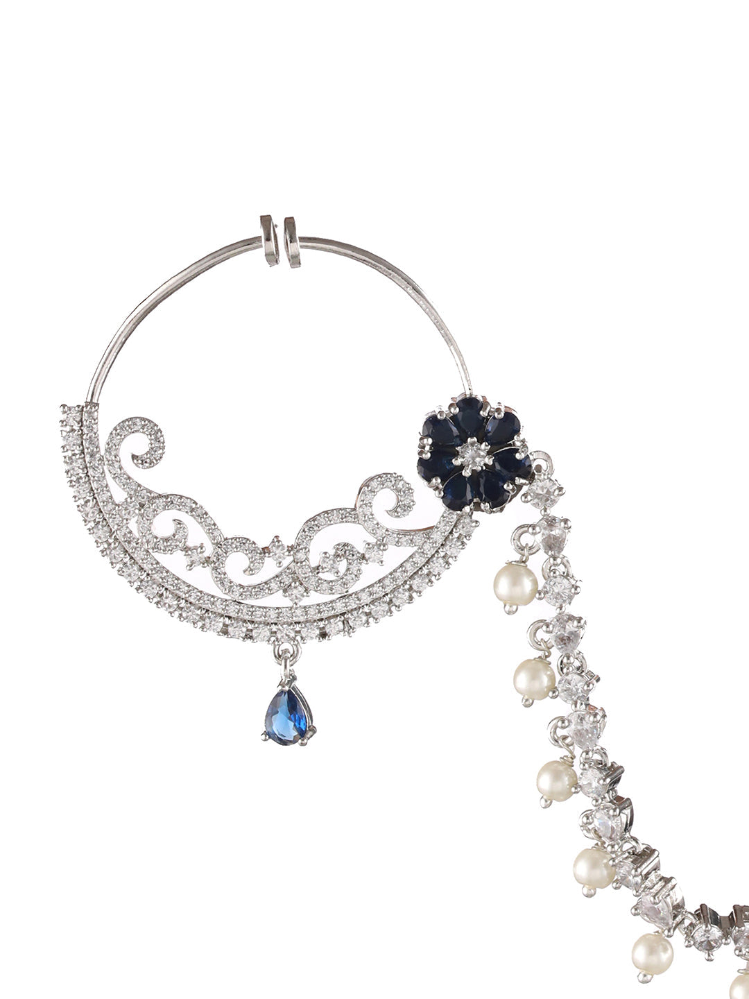 Silver Plated Blue Floral American Diamond Studded Handcrafted Nose Ring With Pearl Drop Chain