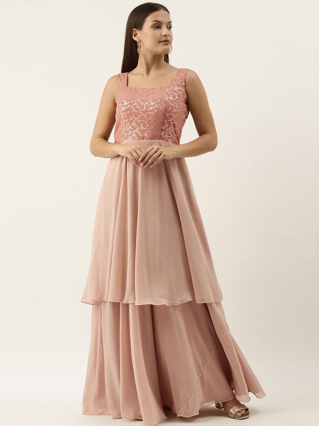 Bollywood Vogue Ready To Wear Pink Embroidered Georgette Layered Gown
