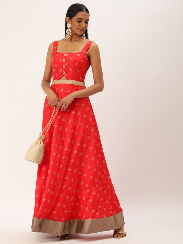 Bollywood Vogue Ready To Wear Red Art Silk Strap Neck Style Maxi Dress