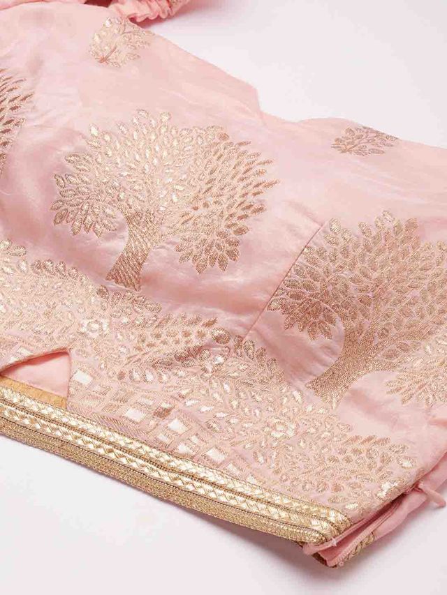 Bollywood Vogue Ready To Wear Pink Jacquard N Burgundy Georgette Lehenga