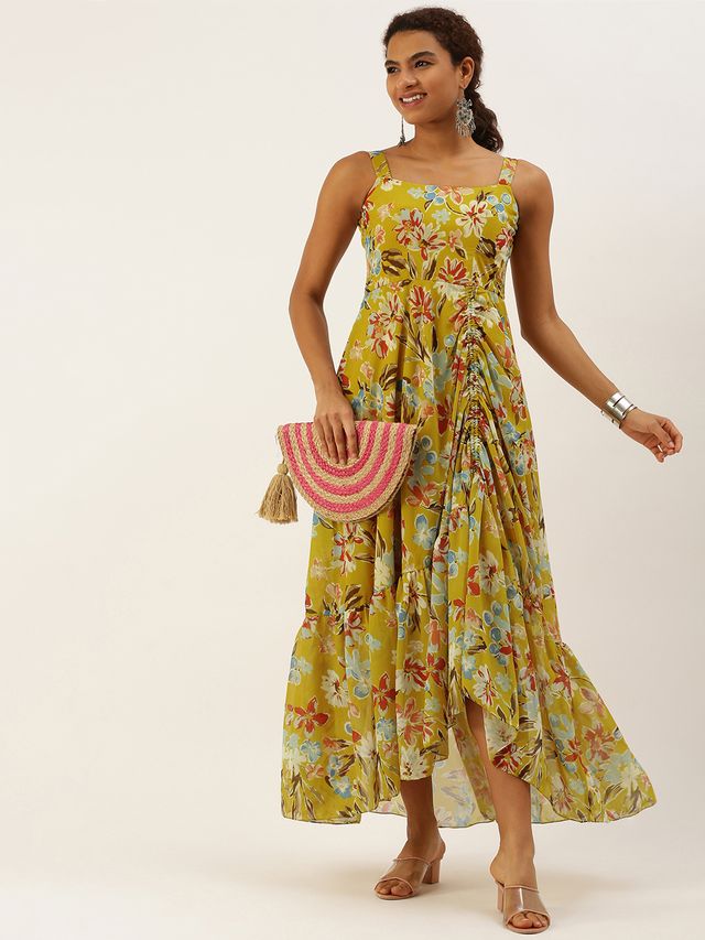 Bollywood Vogue Ready To Wear Green Asymmetric Gathered Gown