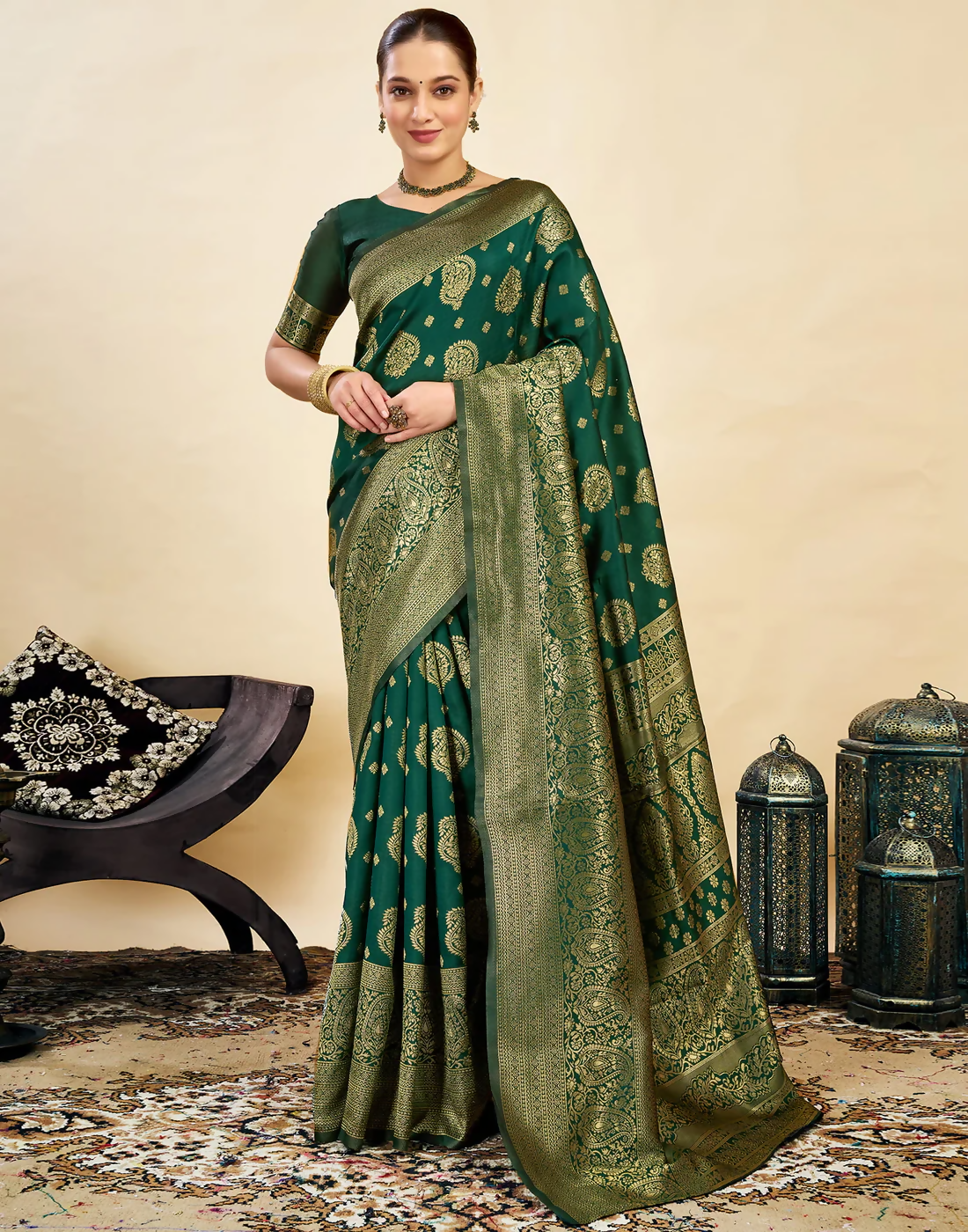 AXONIT Royal Jacquard Saree with Golden Zari Butta & Brocade Border