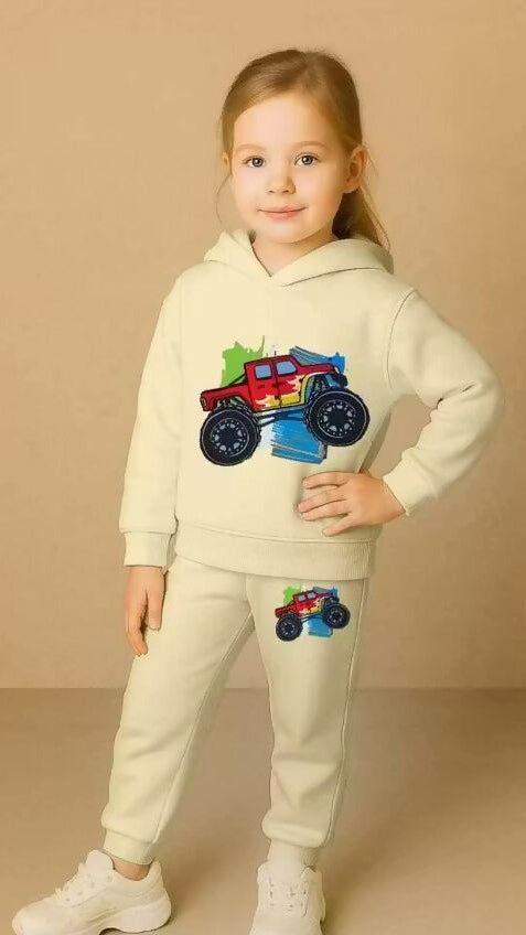 Kids Hooded Sweatshirt & Jogger Set – Monster Truck Print Casual Wear (Cream) Luck Fashion