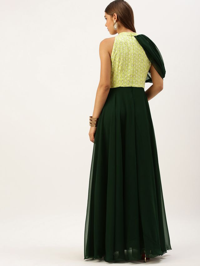 Bollywood Vogue Ready To Wear Bottle Green N Yellow Halter Neck Gown
