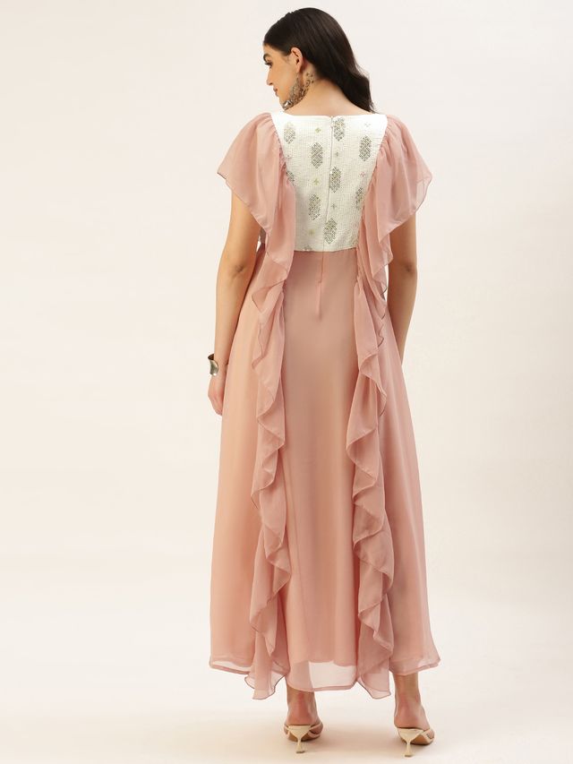 Bollywood Vogue Ready To Wear Pink N White Chinon Ruffles Gown
