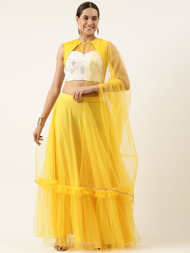 Bollywood Vogue Ready To Wear White Chinon Embroidered Lehenga Set