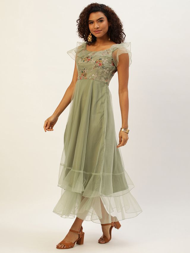 Bollywood Vogue Ready To Wear Green Organza Embroidered Gown