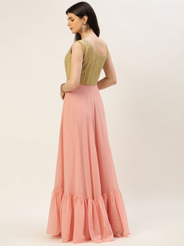Bollywood Vogue Ready To Wear Green N Pink Sequence Embroidered Gown