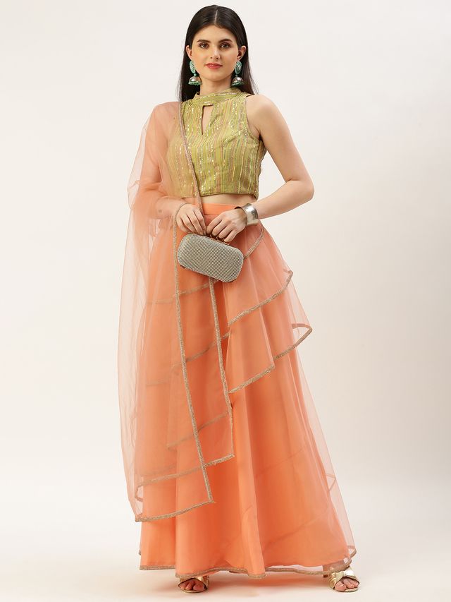 Bollywood Vogue Ready To Wear Green Georgette Sequins N Peach Net Lehenga