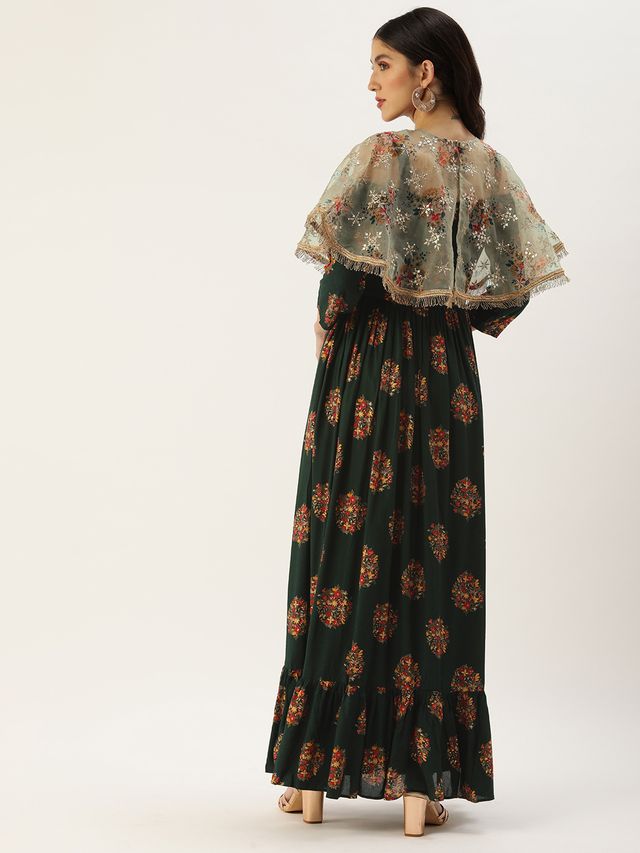 Bollywood Vogue Ready To Wear Green Rayon Printed Strap Neckline Dress