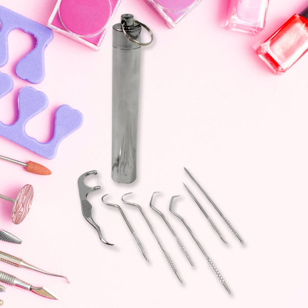 7 In 1 Stainless Steel Toothpick Flossier Set (1 Set With Case)