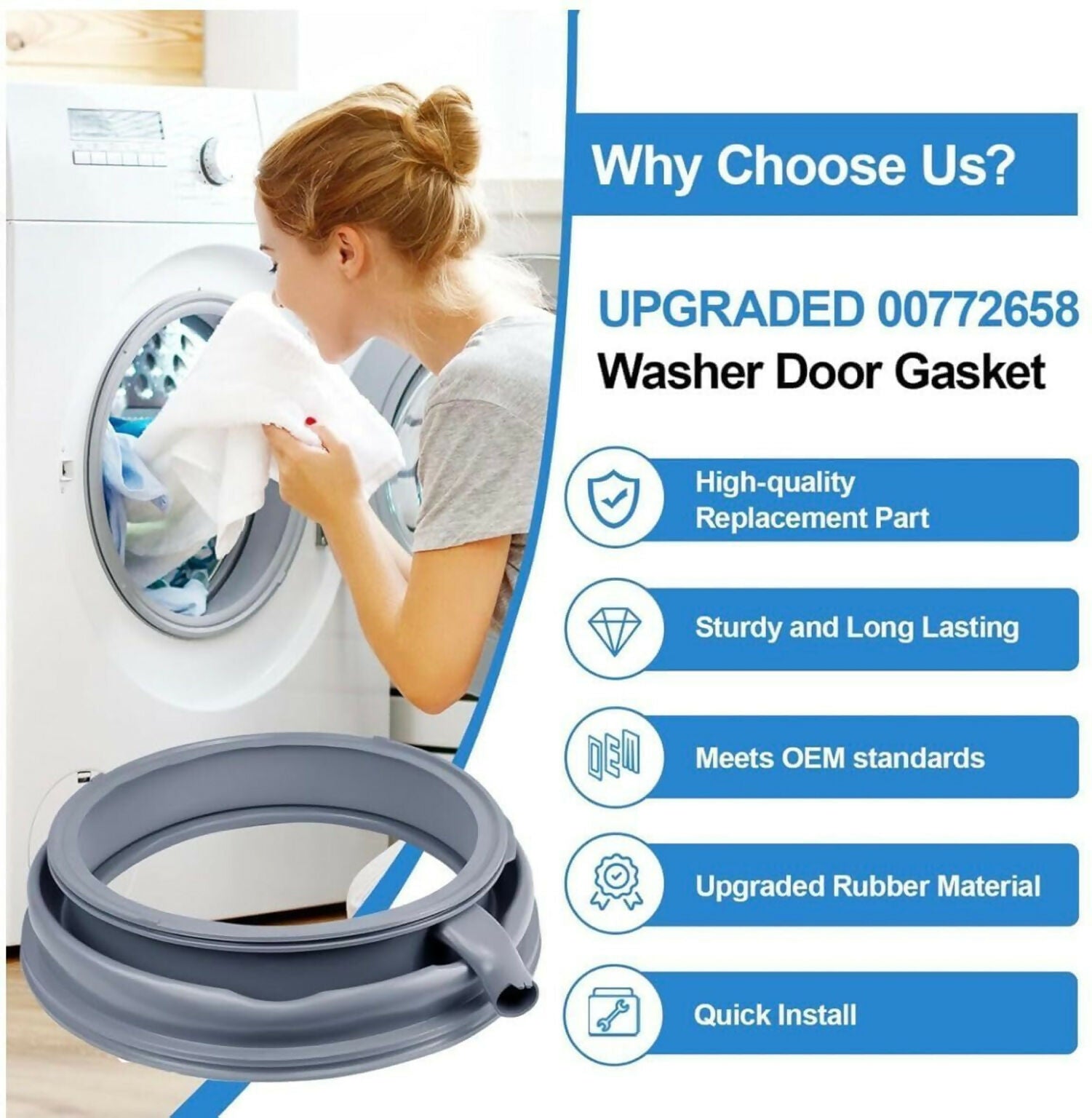Front Load Washing Machine Door Gasket Rubber Seal | Compatible with Siemens Grey, Inner Diameter 13.18 Inch, Outer Diameter 16 Inch