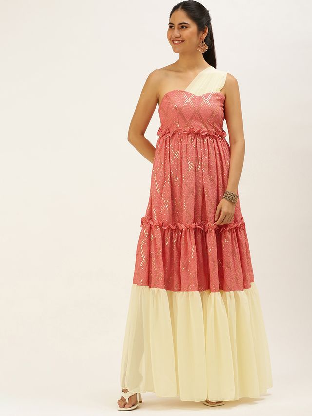 Bollywood Vogue Ready To Wear Peach N White Embroidered Tiered Maxi Dress