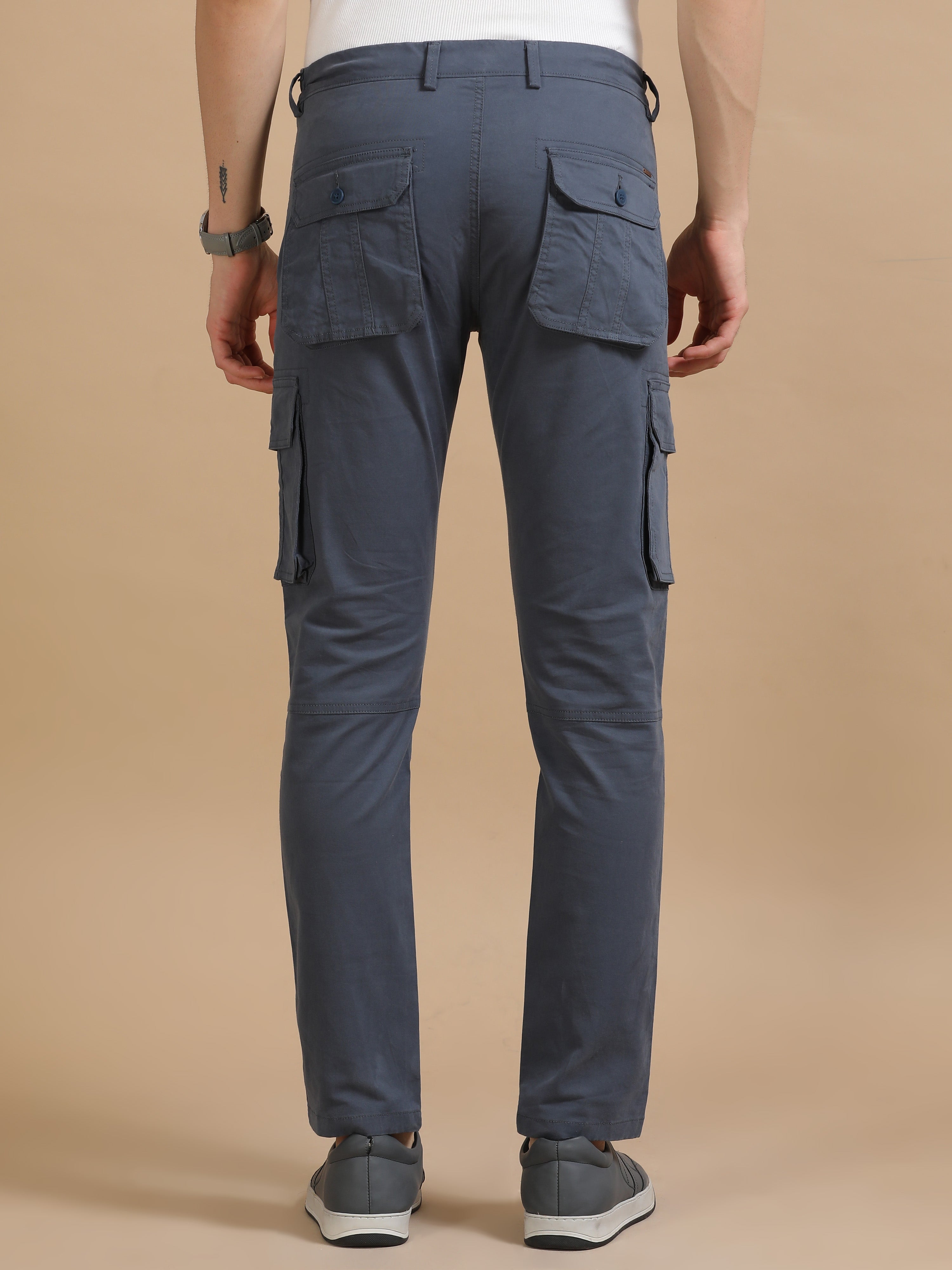 Men Dark Grey Plain Cargo Gap Twill Lycra Casual Joggers