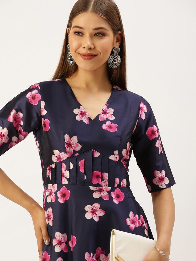 Bollywood Vogue Ready To Wear Blue Printed Art Silk Fit And Flare Dress