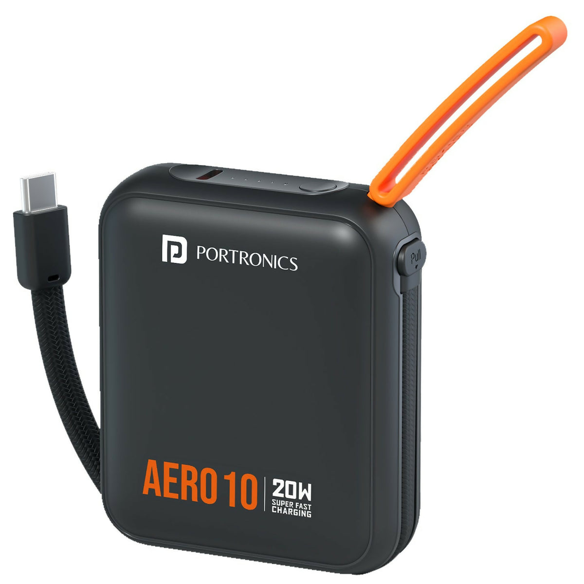 Portronics Aero 10 10000 mAh 20W Fast Charging Mini Power Bank with Detachable Type C Cable, Type C PD Input/Output Port, LED Indicator, Wake Up Button, Strong Lanyard, Light Weight (Black)