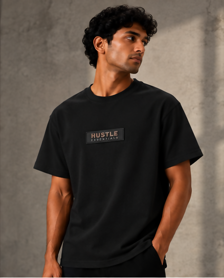 HUSTLE Essentials Men's Crew Neck Oversized T-Shirt – Black(Oversized fit)