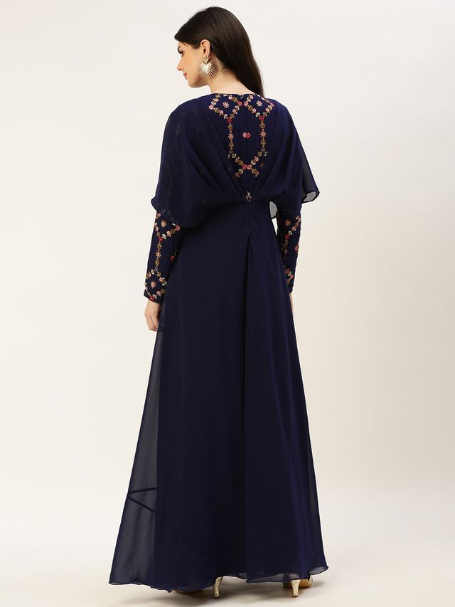 Bollywood Vogue Ready To Wear Royal Blue Georgette Embroidered Gown