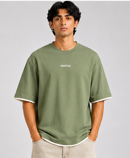 HUSTLE Men's Oversized Fit Crew Neck T-Shirt – Sage Green(Oversized Fit)