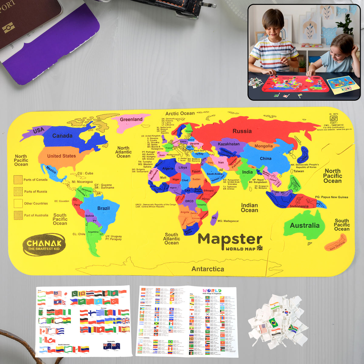 Aditi Mapster World Map EVA Foam Puzzle Set with Detachable Country Pieces, Flag Matching Chart, and Capital Learning Guide