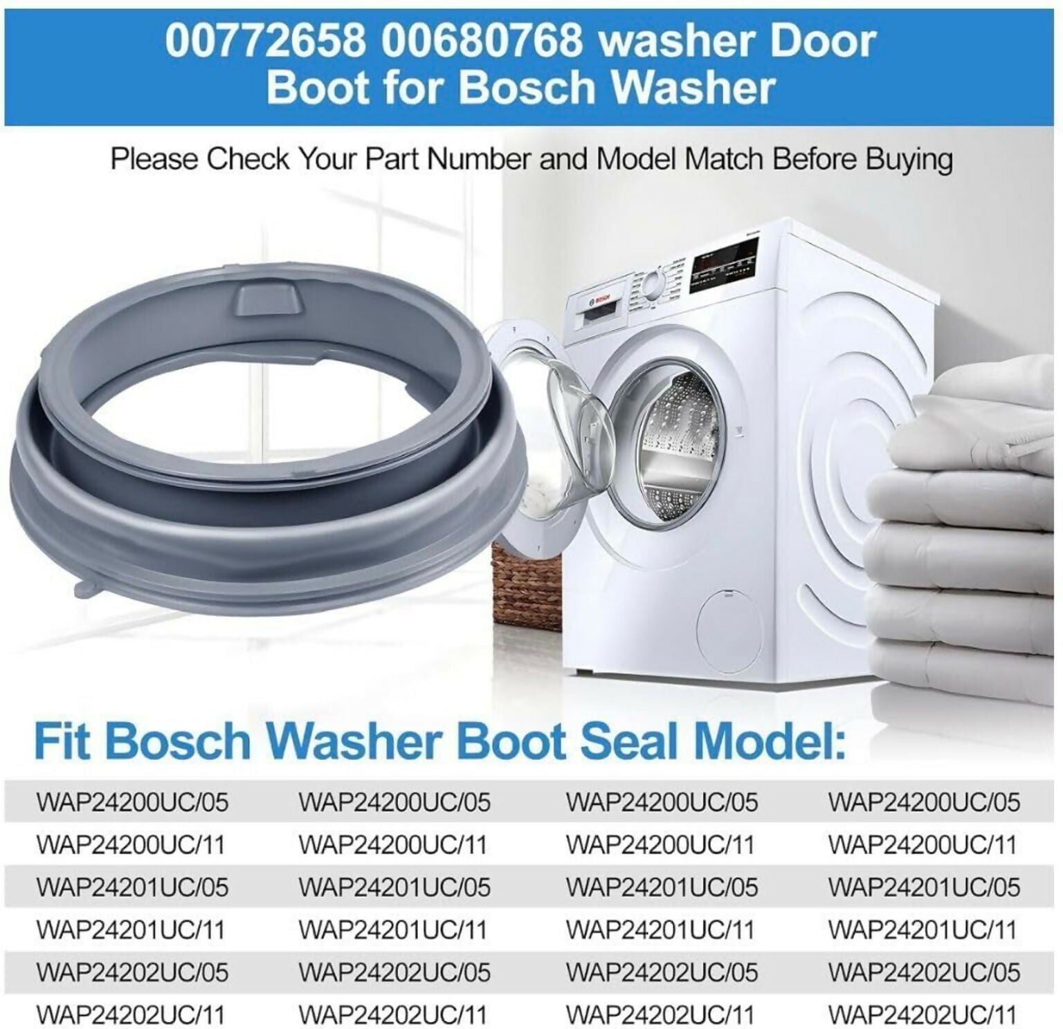 Front Load Washing Machine Door Gasket Rubber Seal | Compatible with Siemens Grey, Inner Diameter 13.18 Inch, Outer Diameter 16 Inch