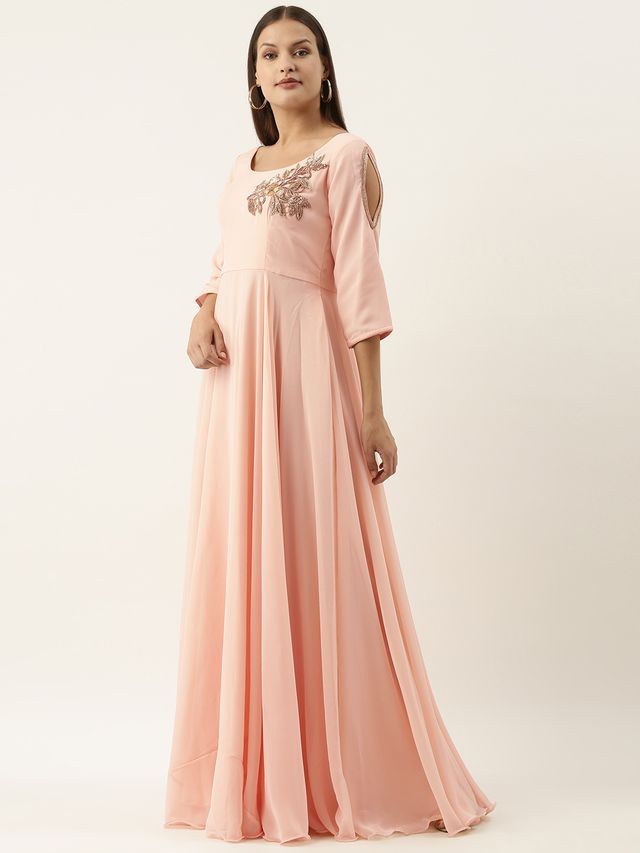 Bollywood Vogue Ready To Wear Embroidered Peach Georgette Gown