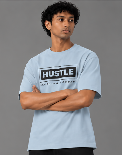 HUSTLE Men's Crew Neck Oversized T-Shirt – Sky Blue(Oversized fit)