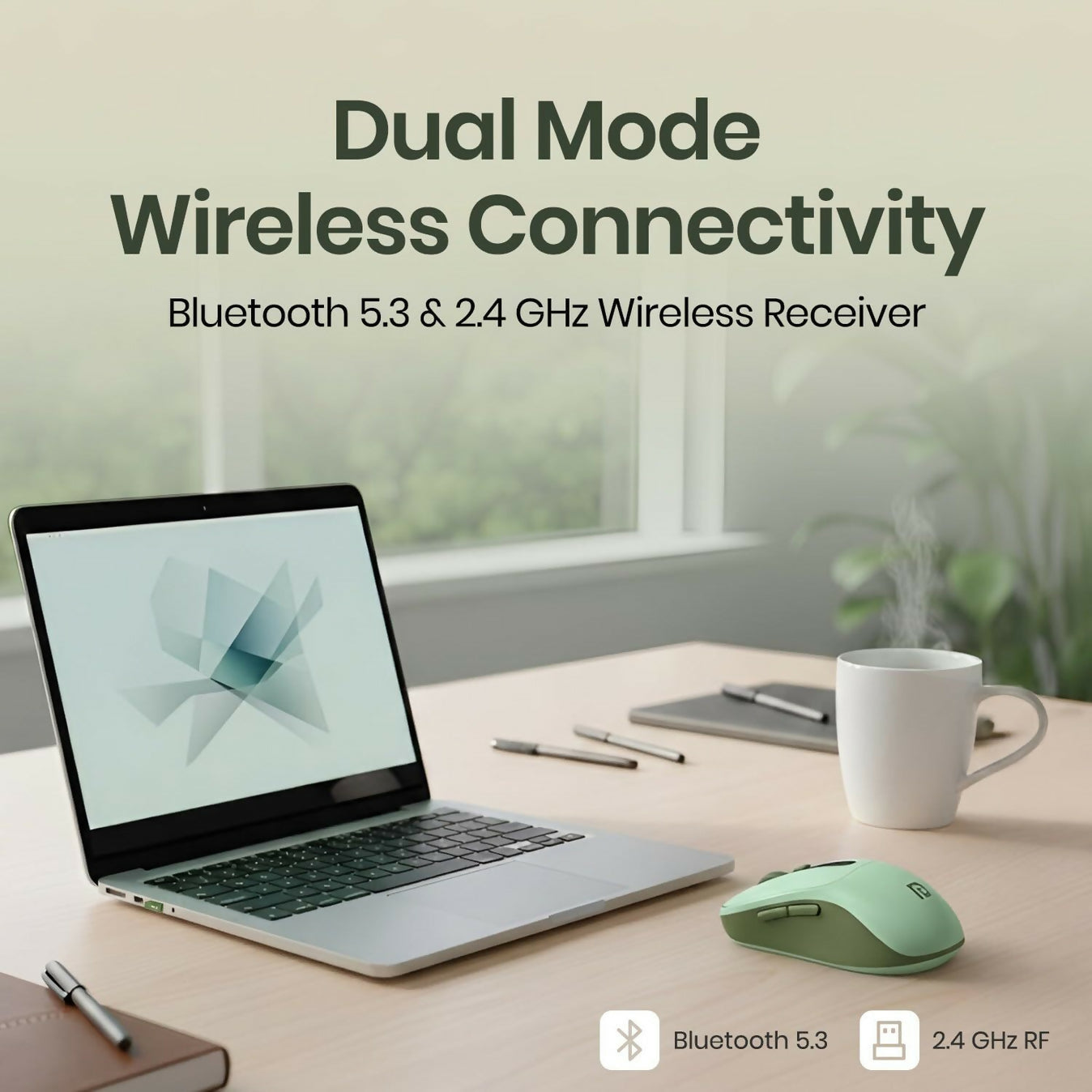 Portronics Toad 9 Wireless Bluetooth Mouse,Dual Wireless (BT + 2.4 GHz),Smart LED Display Ambidextrous Optical Mouse (2.4GHz Wireless, Bluetooth, Green)