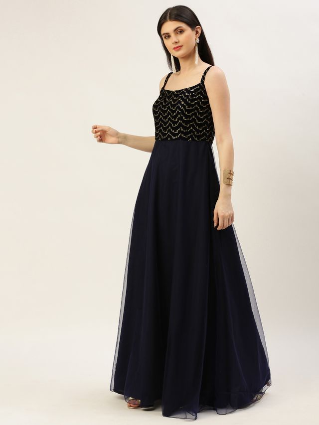 Bollywood Vogue Ready To Wear Blue Velvet Embroidered Dress With Cape