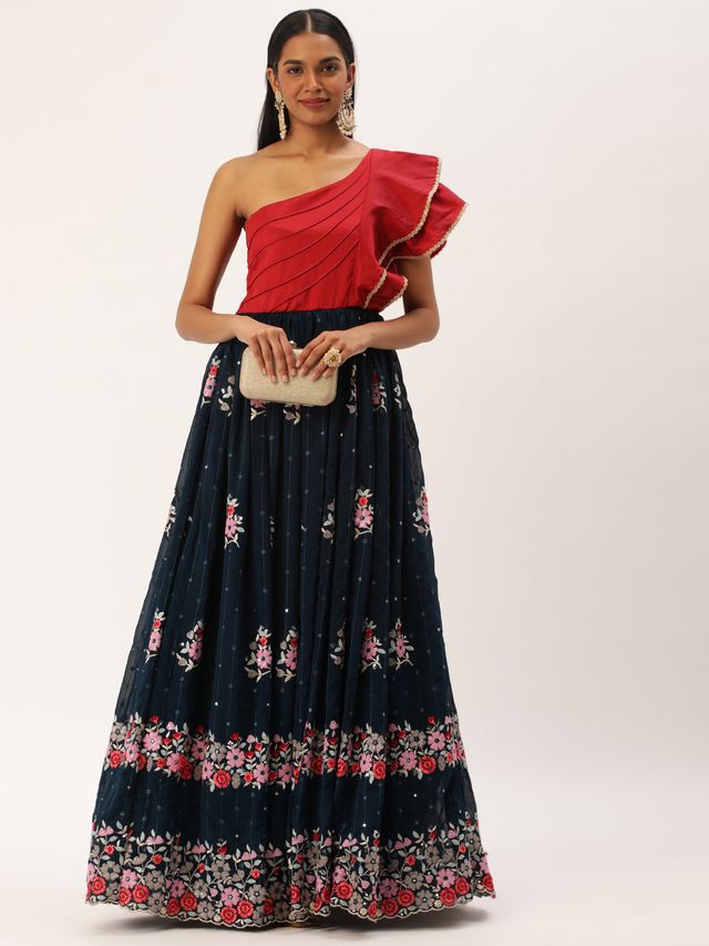 Bollywood Vogue Ready To Wear Maroon N Blue Sequins Georgette Gown