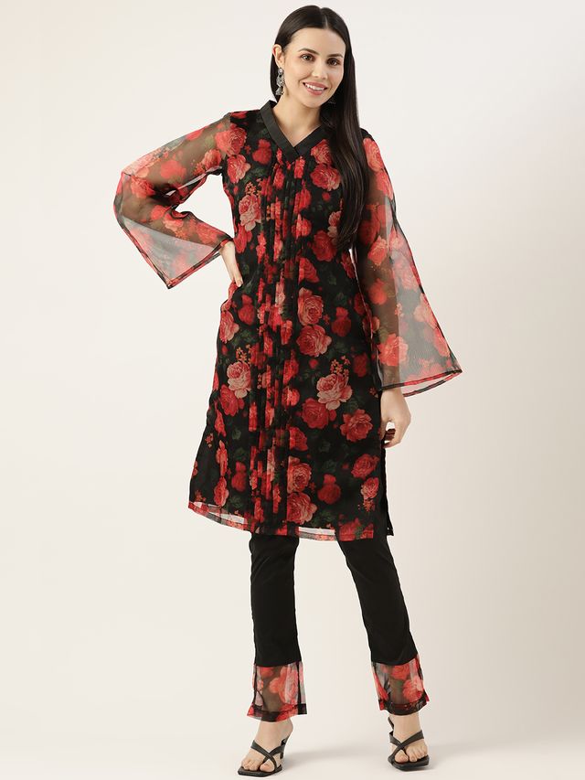 Bollywood Vogue Ready To Wear Black Digital Printed Organza Kurta Set