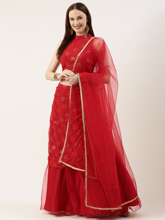Bollywood Vogue Ready To Wear Red Georgette Draped lehenga Set
