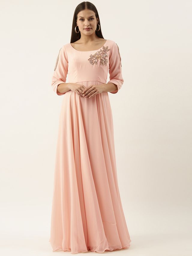 Bollywood Vogue Ready To Wear Embroidered Peach Georgette Gown