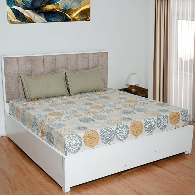 Posh Collection 300 TC Cotton Fitted King Bedsheet with 2 Pillow Covers - Cream