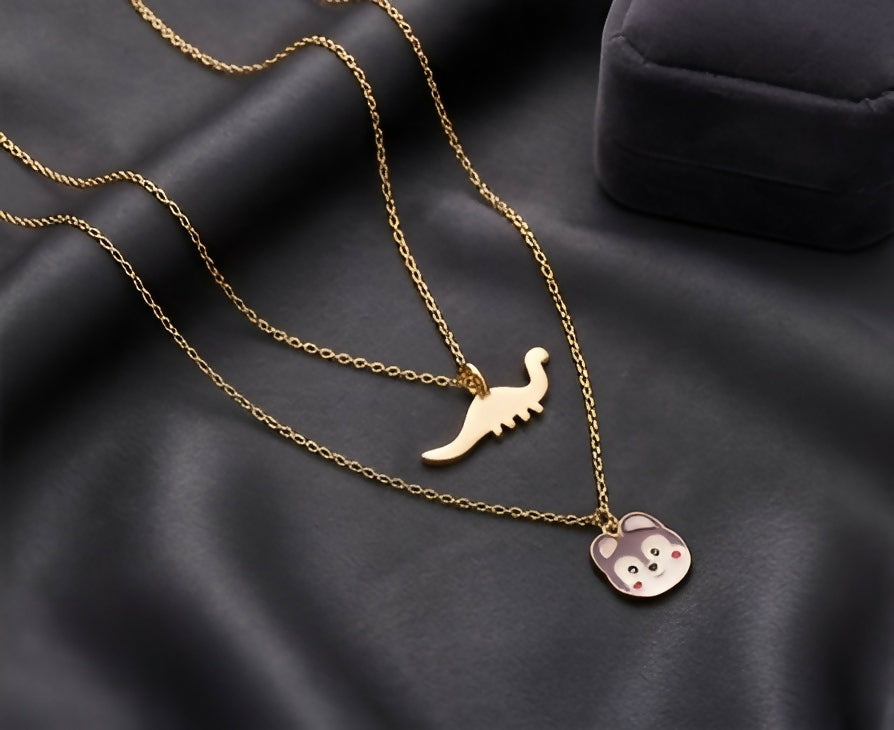 Set of 2 Dinosaur & Bear Pendant Necklaces – Gold-Plated Cute Charm Jewelry