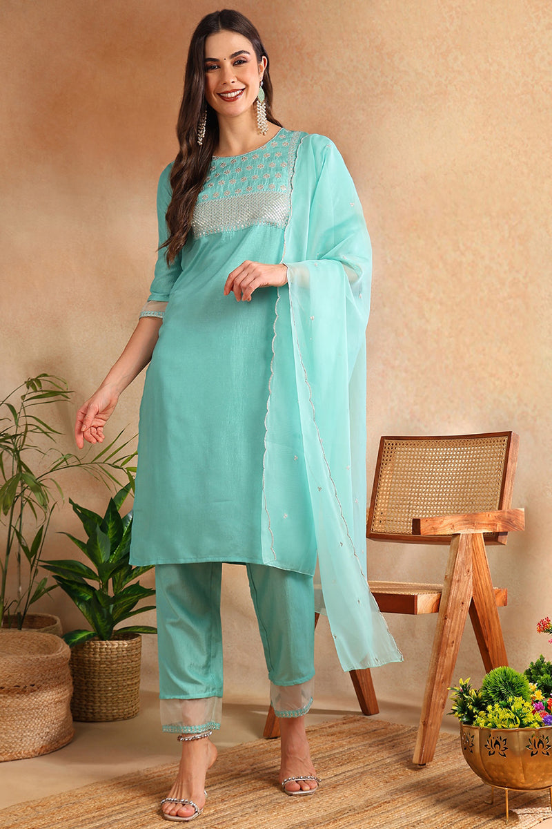 Turquoise Blue Poly Silk Solid Yoke Design Suit Set
