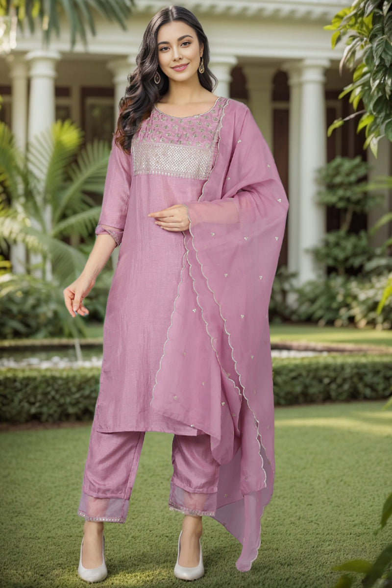 Mauve Poly Silk Solid Sequin Straight Suit Set
