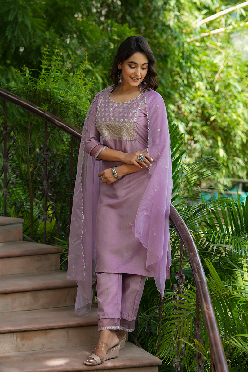 Mauve Poly Silk Solid Sequin Straight Suit Set