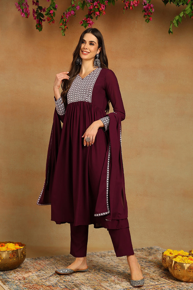 Burgundy Poly Georgette Yoke Design Suit Set