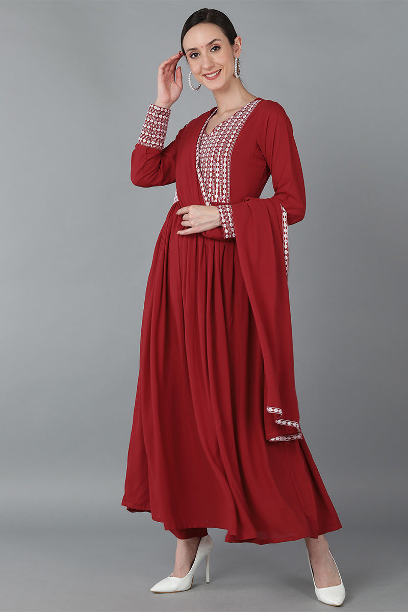 Red Poly Georgette Yoke Design Suit Set