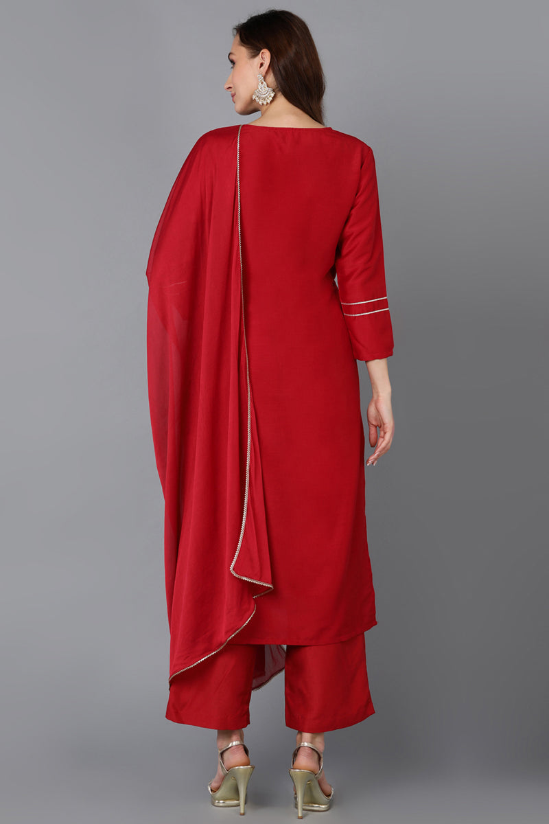 Red Silk Blend Straight Kurta Palazzo With Dupatta